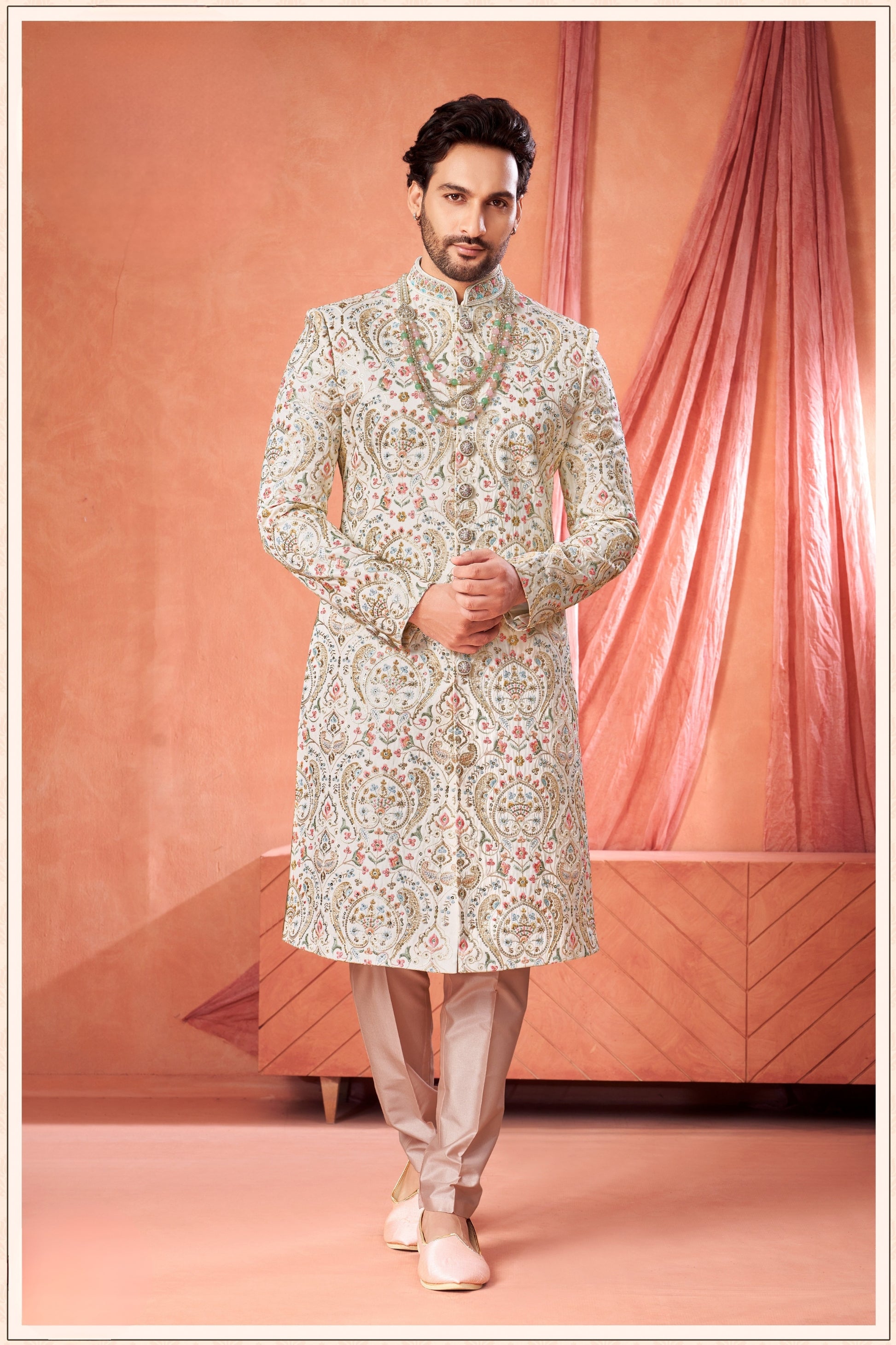 Fancy Off-White Art Silk Multicolor Embroidered Sherwani for Men with Pyjama for Wedding 