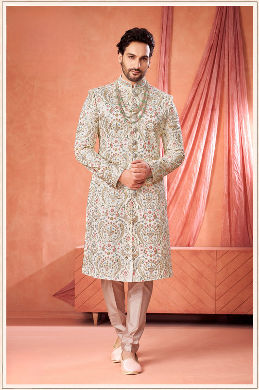 Fancy Off-White Art Silk Multicolor Embroidered Sherwani for Men with Pyjama for Wedding 