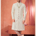 Trendy Off-White Art Silk Embroidered Sherwani for Men with Pyjama for Wedding