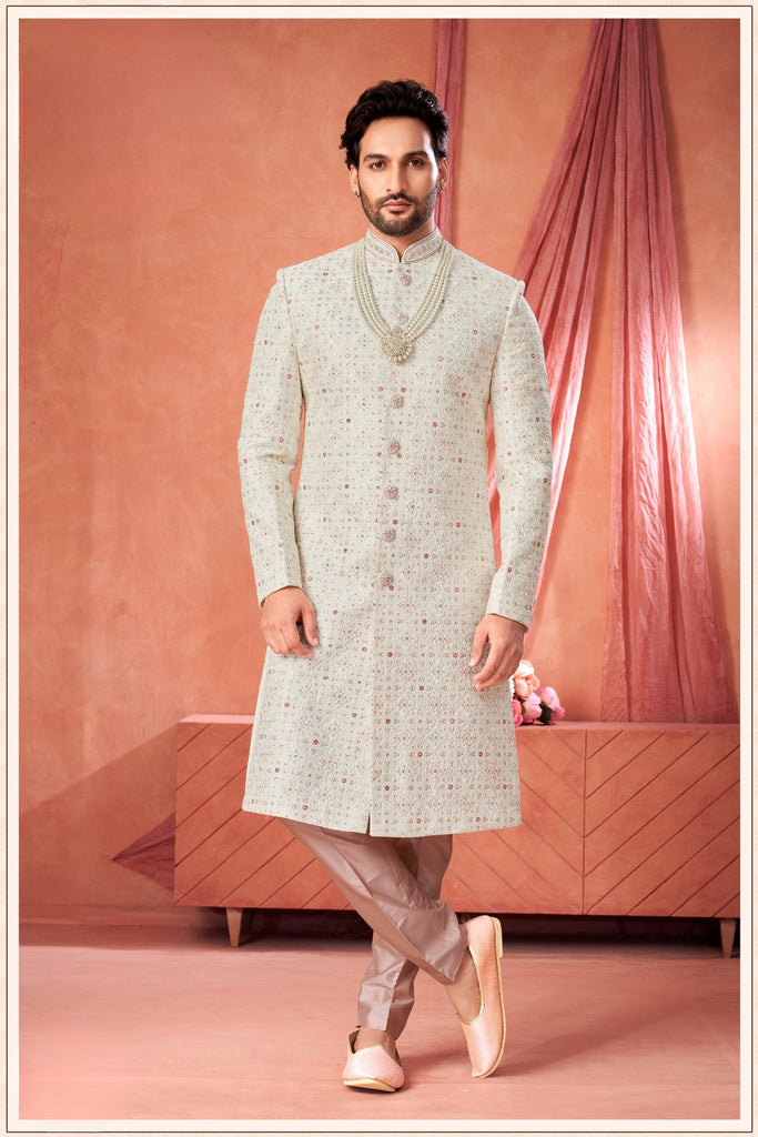 Trendy Off-White Art Silk Embroidered Sherwani for Men with Pyjama for Wedding