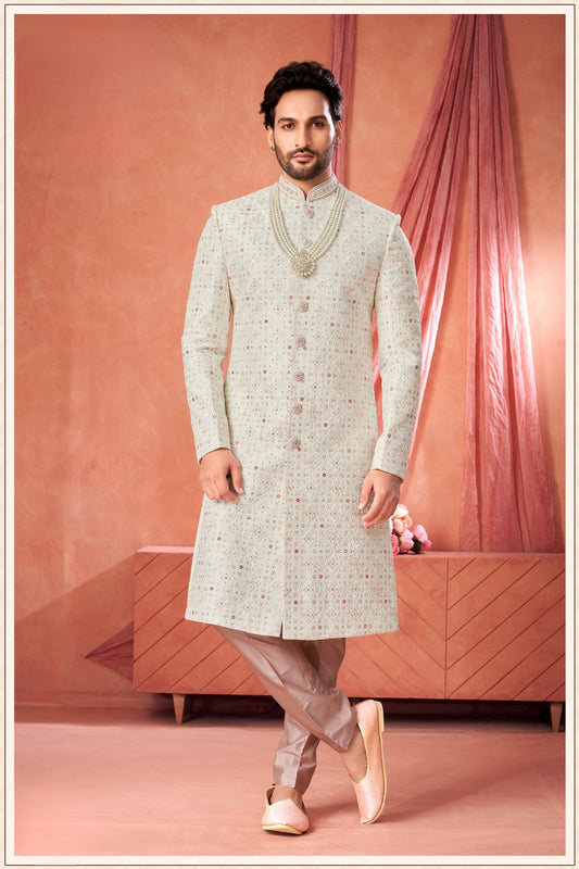Trendy Off-White Art Silk Embroidered Sherwani for Men with Pyjama for Wedding