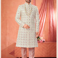 Handsome Off-White Art Silk Embroidered Sherwani for Men with Pyjama Wedding Wear