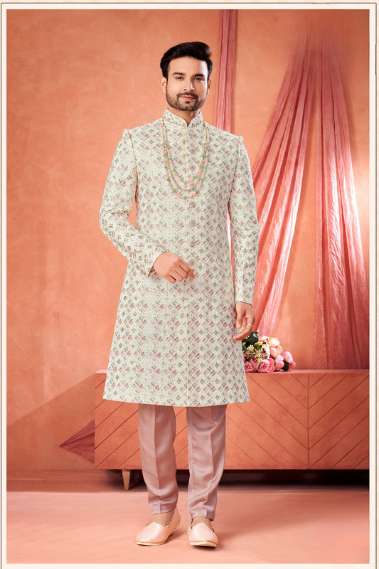 Handsome Off-White Art Silk Embroidered Sherwani for Men with Pyjama Wedding Wear