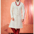 Royal Off-White Art Silk Embroidered Sherwani for Men with Maroon Pyjama for Wedding