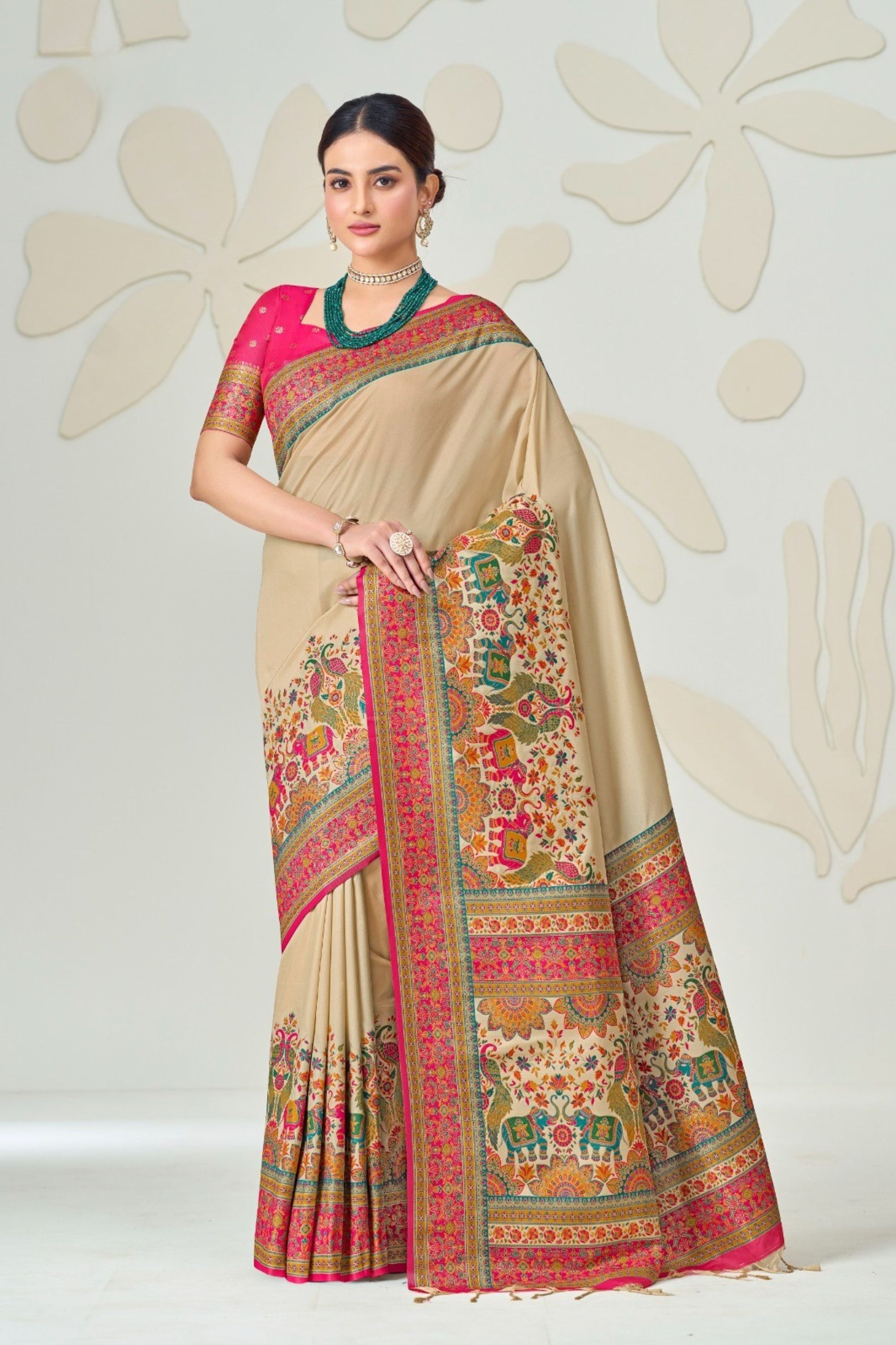 Stylish Beige Soft Silk Designer Saree Multicolor Woven Border for Women