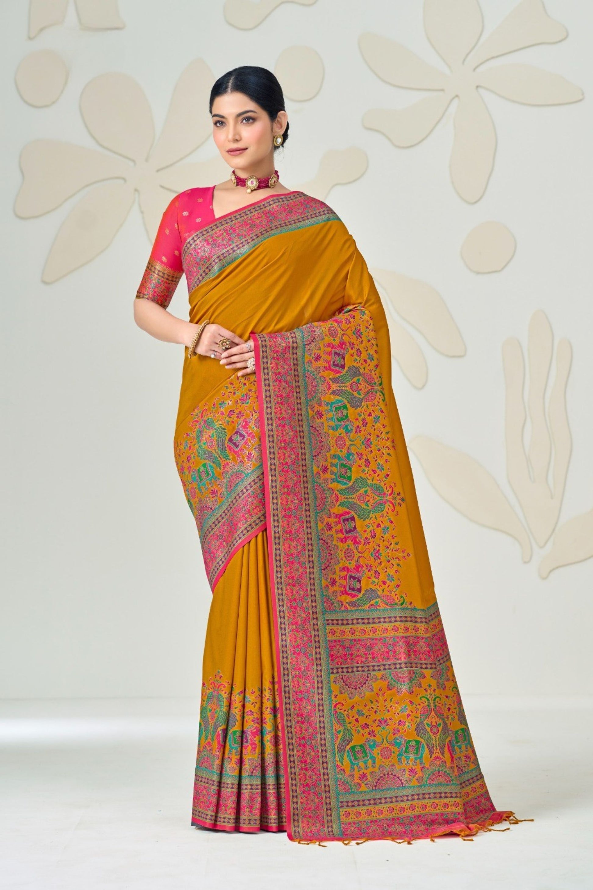 Premium Mustard Yellow Soft Silk Saree Multicolor Woven Border for Women