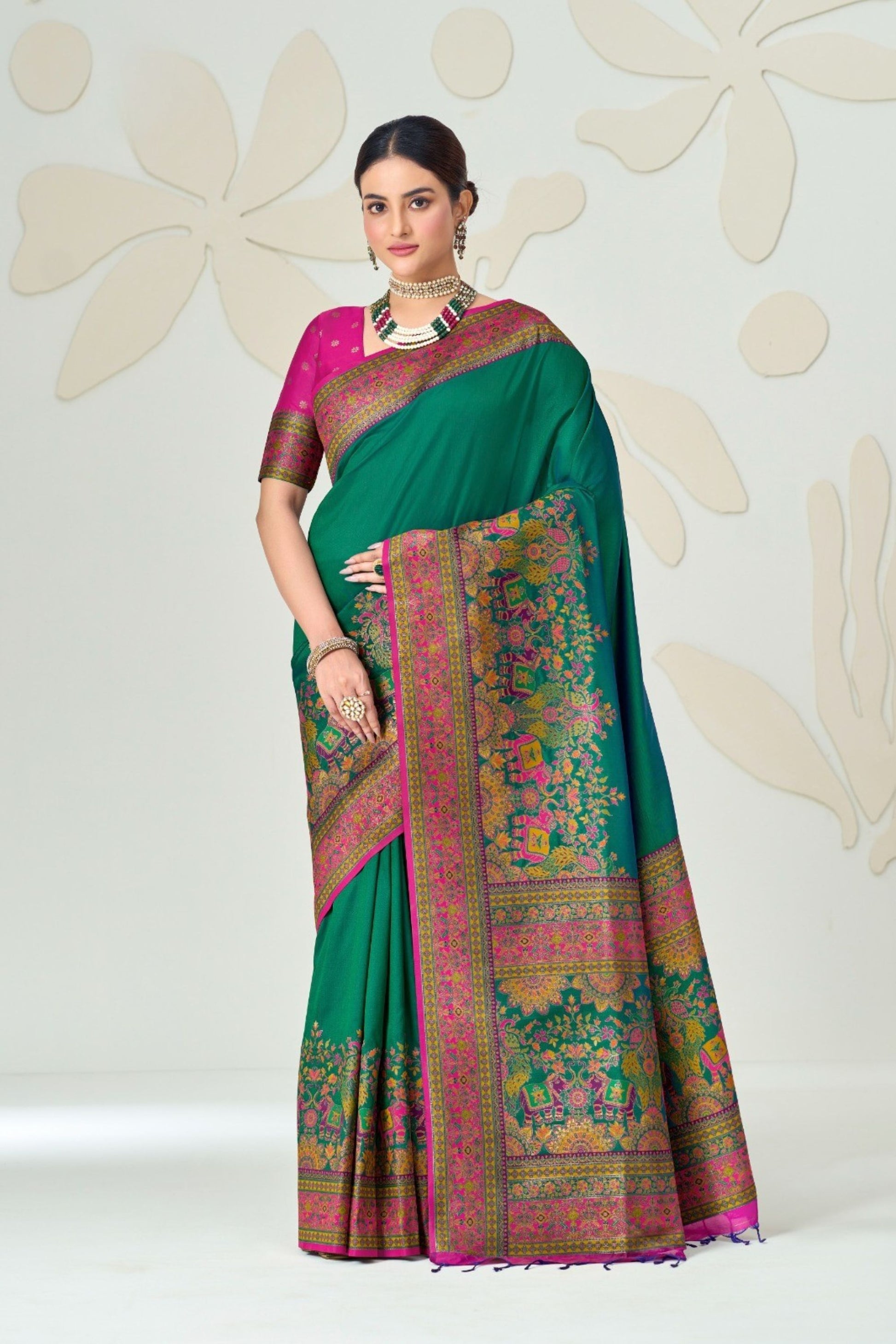 Royal Teal Green Soft Silk Designer Saree Multicolor Woven Border for Women