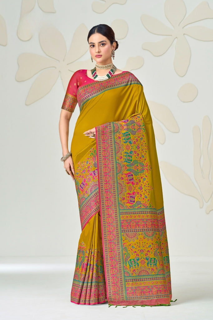 Amazing Mustard Yellow Soft Silk Designer Saree Multicolor Woven Border for Women