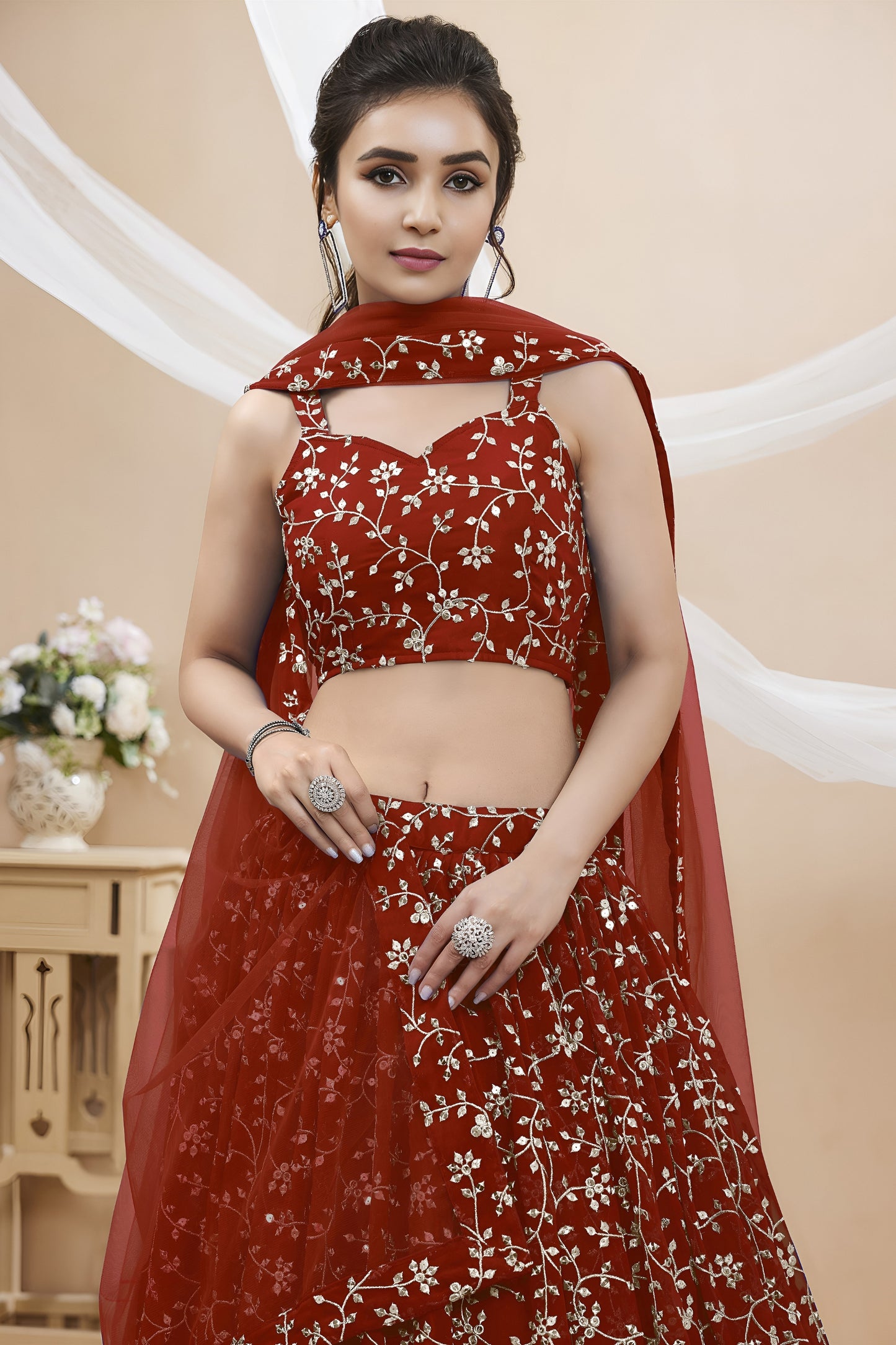 Stylish Red Georgette Designer Lehenga Choli with Embroidery Work and Matching Dupatta