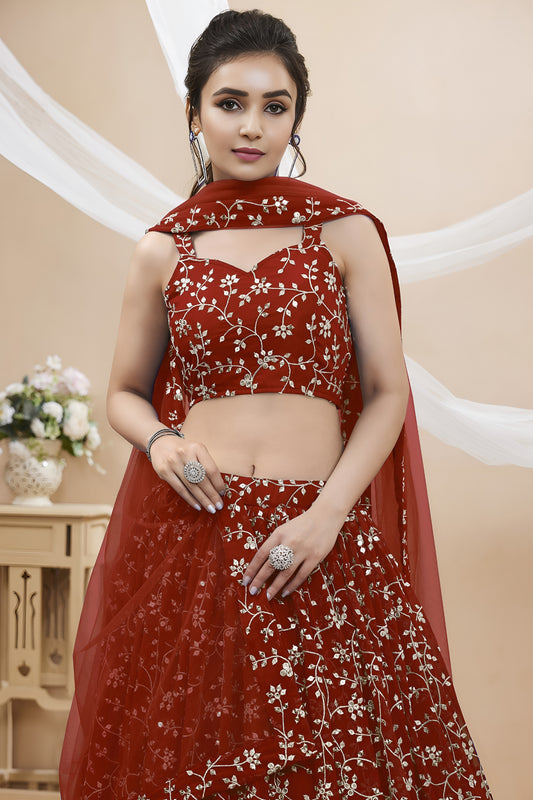 Stylish Red Georgette Designer Lehenga Choli with Embroidery Work and Matching Dupatta