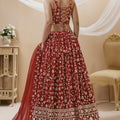 Stylish Red Georgette Designer Lehenga Choli with Embroidery Work and Matching Dupatta