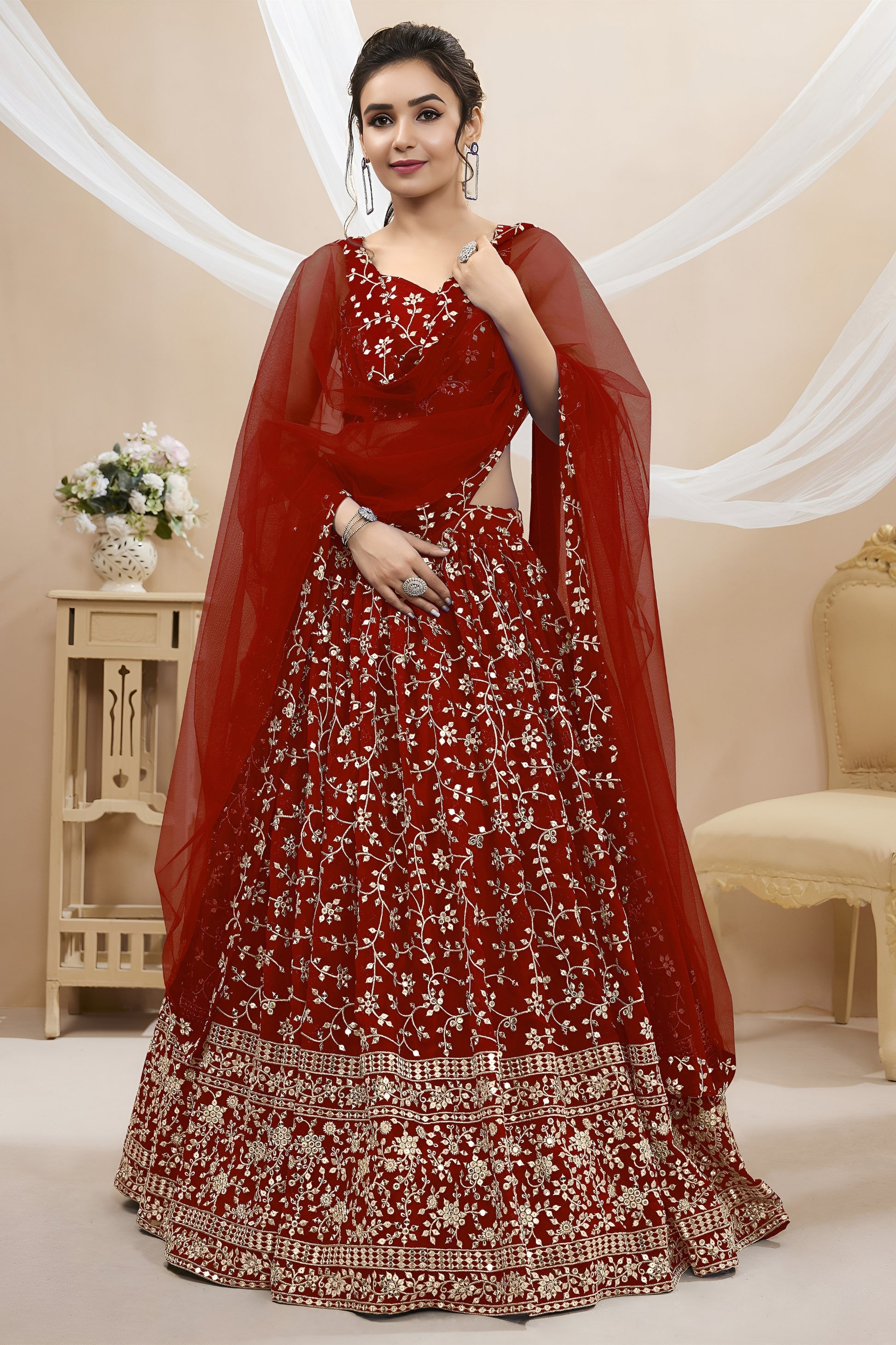Stylish Red Georgette Designer Lehenga Choli with Embroidery Work and Matching Dupatta