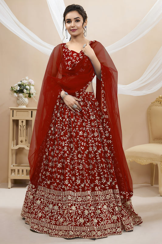 Stylish Red Georgette Designer Lehenga Choli with Embroidery Work and Matching Dupatta
