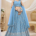 Glorious Sky Blue Georgette Designer Lehenga Choli with Embroidery Work and Matching Dupatta