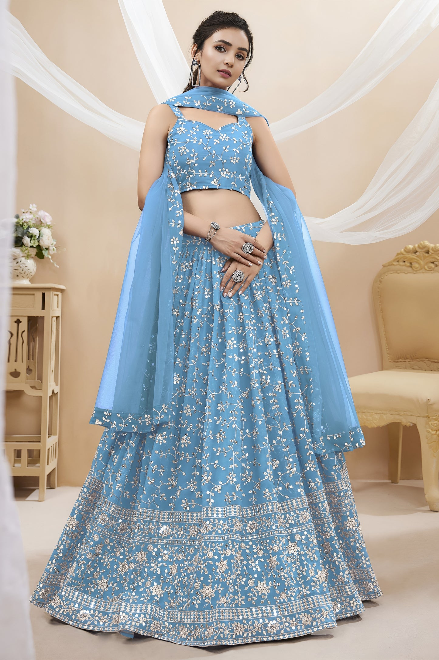 Glorious Sky Blue Georgette Designer Lehenga Choli with Embroidery Work and Matching Dupatta