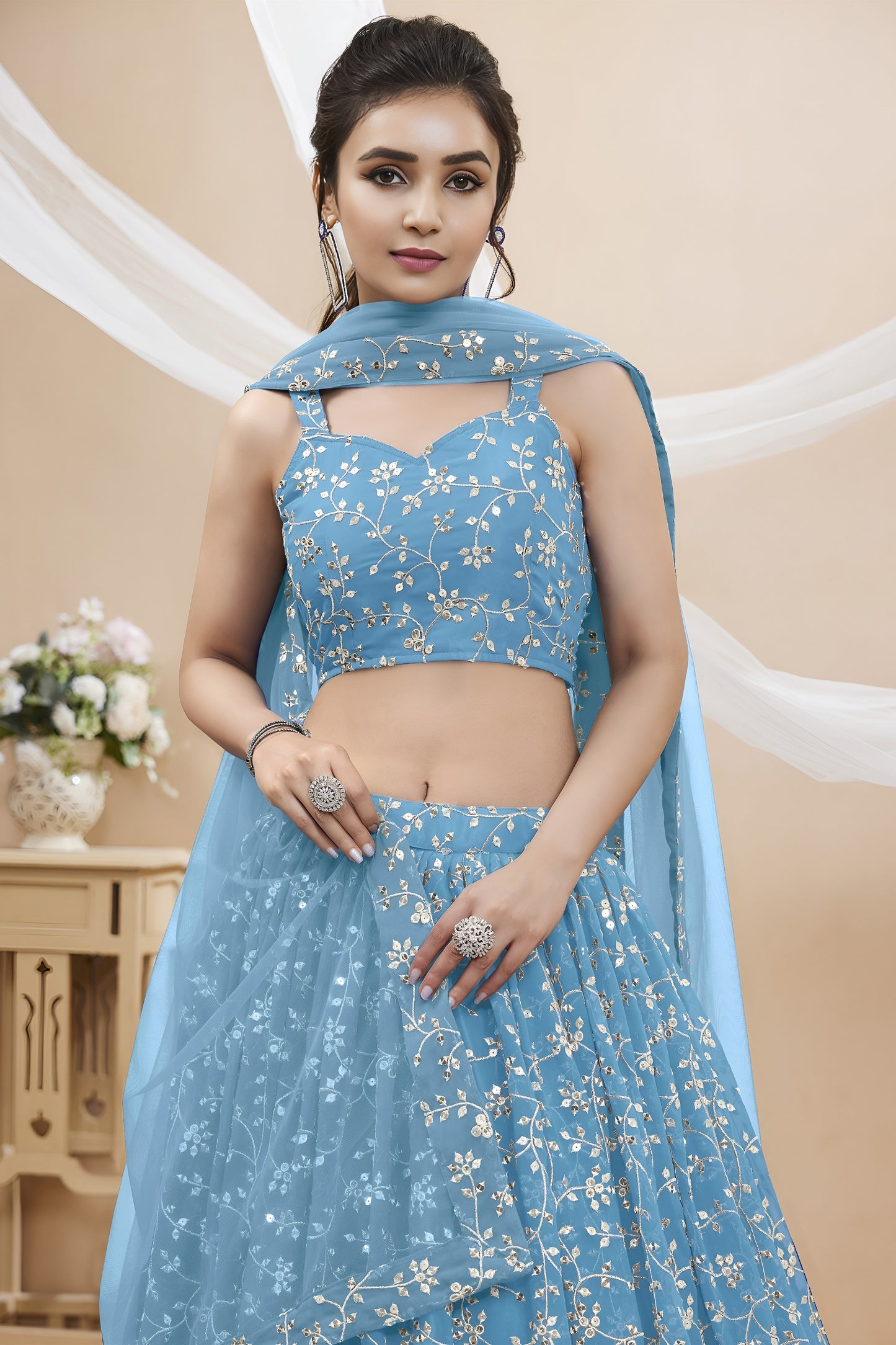 Glorious Sky Blue Georgette Designer Lehenga Choli with Embroidery Work and Matching Dupatta