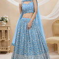 Glorious Sky Blue Georgette Designer Lehenga Choli with Embroidery Work and Matching Dupatta