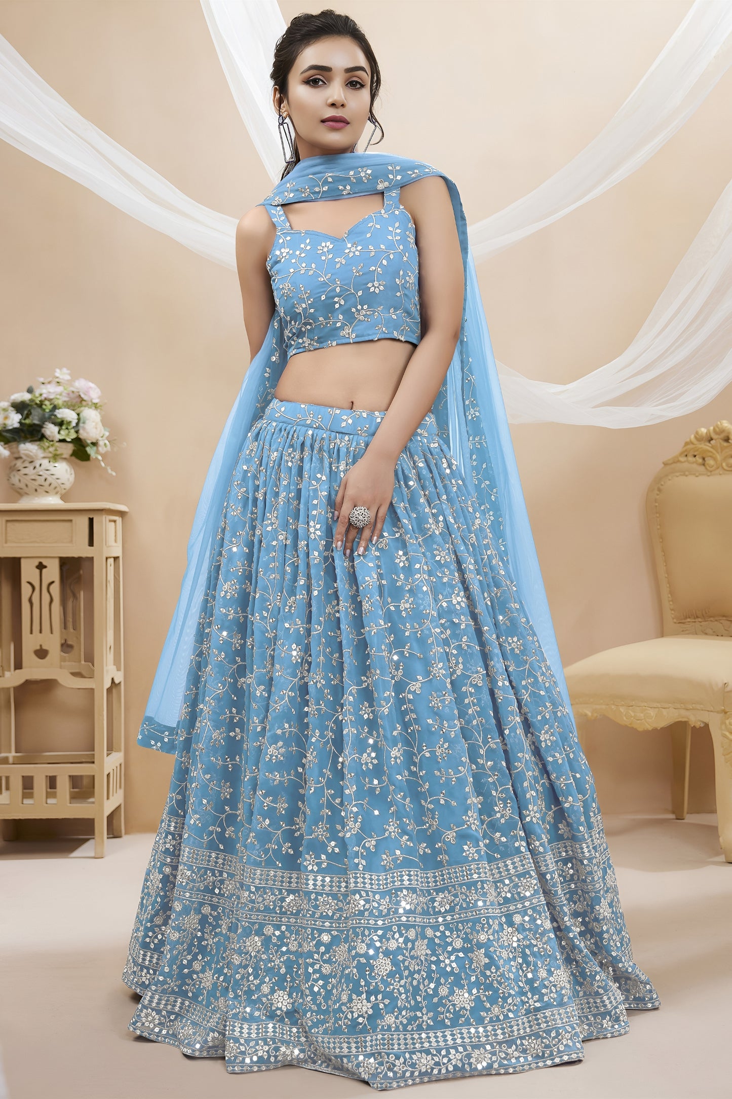 Glorious Sky Blue Georgette Designer Lehenga Choli with Embroidery Work and Matching Dupatta