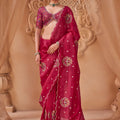 Beautiful Rani Pink Handloom Silk Saree Embroidery Work for Women