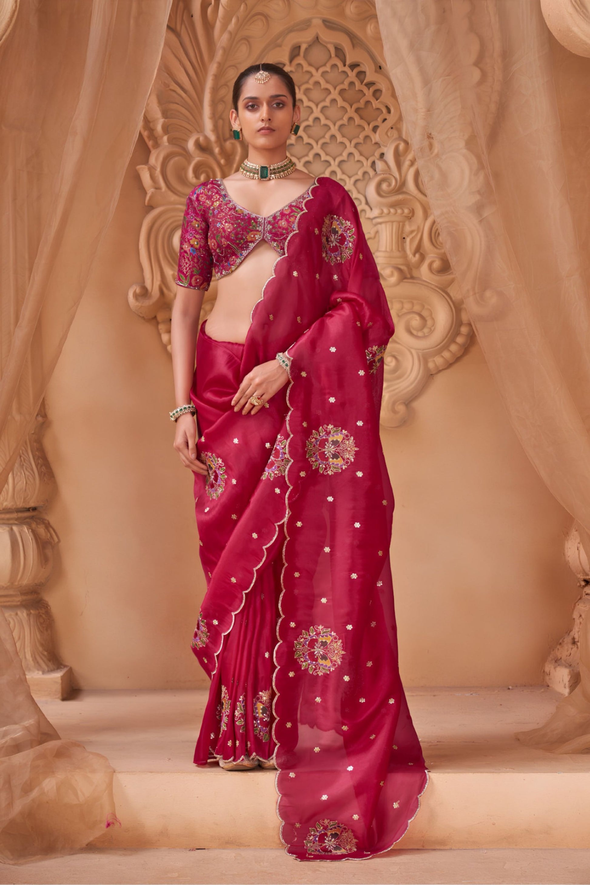 Beautiful Rani Pink Handloom Silk Saree Embroidery Work for Women