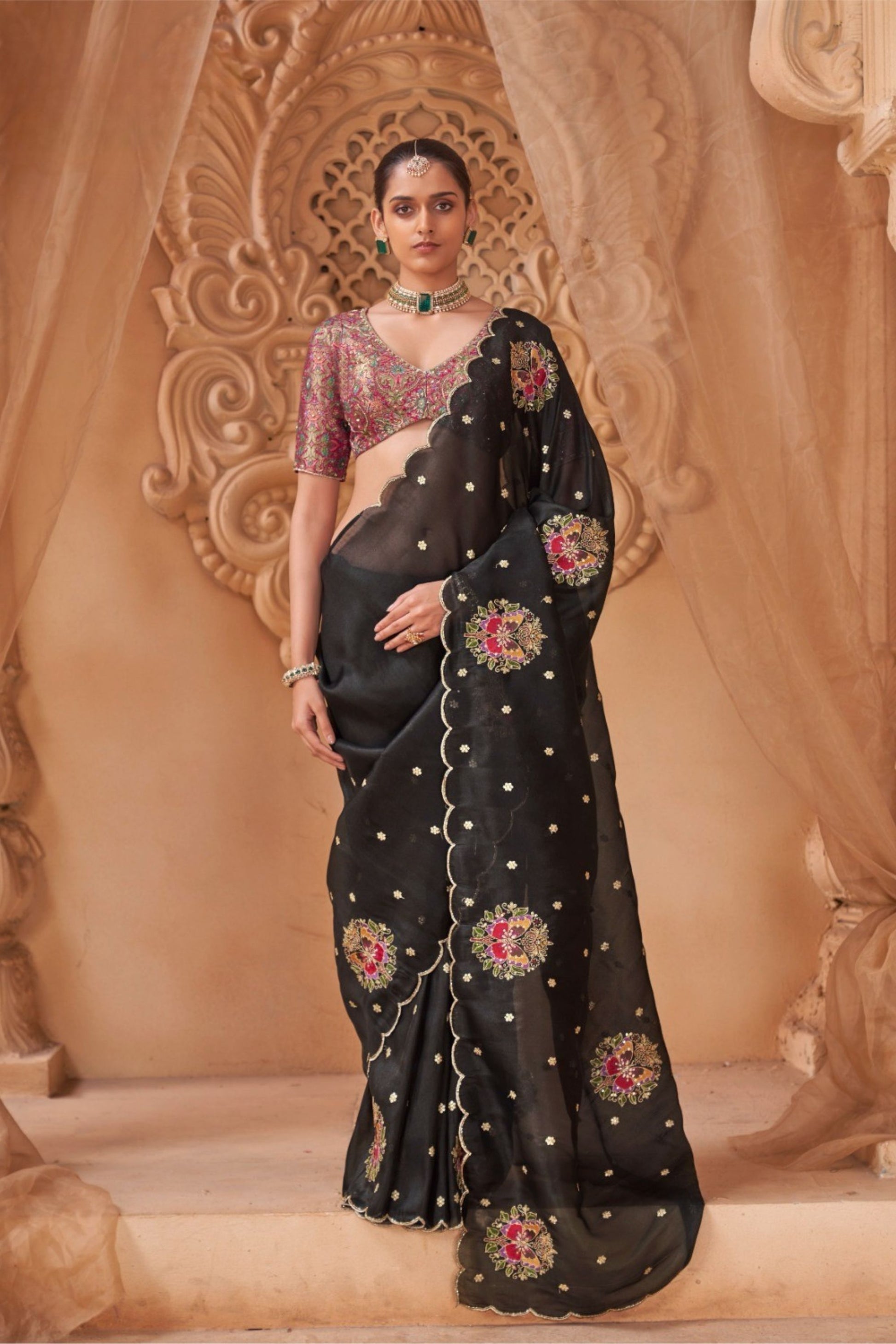 Premium Black Handloom Silk Saree Embroidery Work for Women