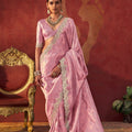 Beautiful Light Pink Viscose Saree Zari Embroidery Work for Women