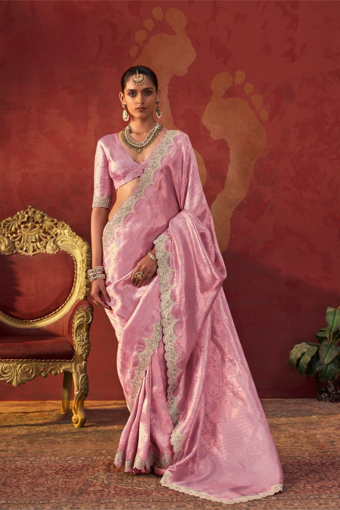 Beautiful Light Pink Viscose Saree Zari Embroidery Work for Women