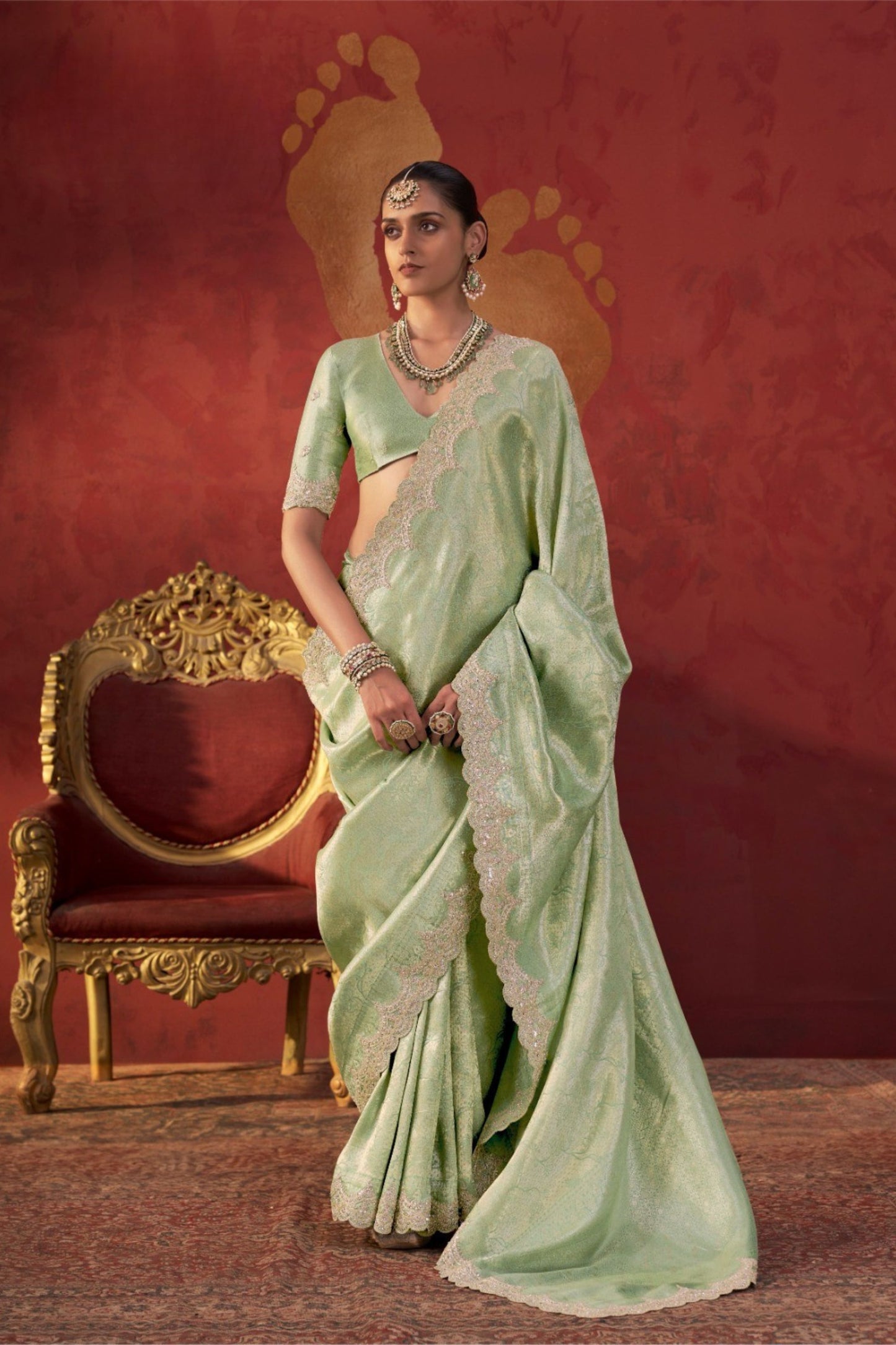 Graceful Pista Green Viscose Saree Zari Embroidery Work for Women