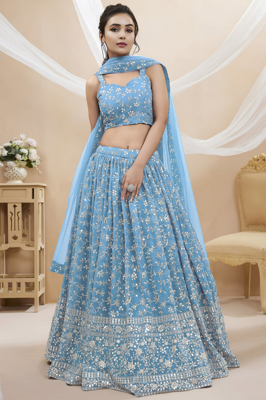 Glorious Sky Blue Georgette Designer Lehenga Choli with Embroidery Work and Matching Dupatta