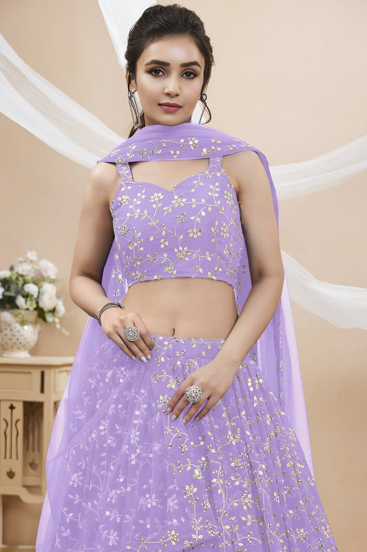 Superb Lavender Georgette Designer Lehenga Choli with Embroidery Work and Matching Dupatta