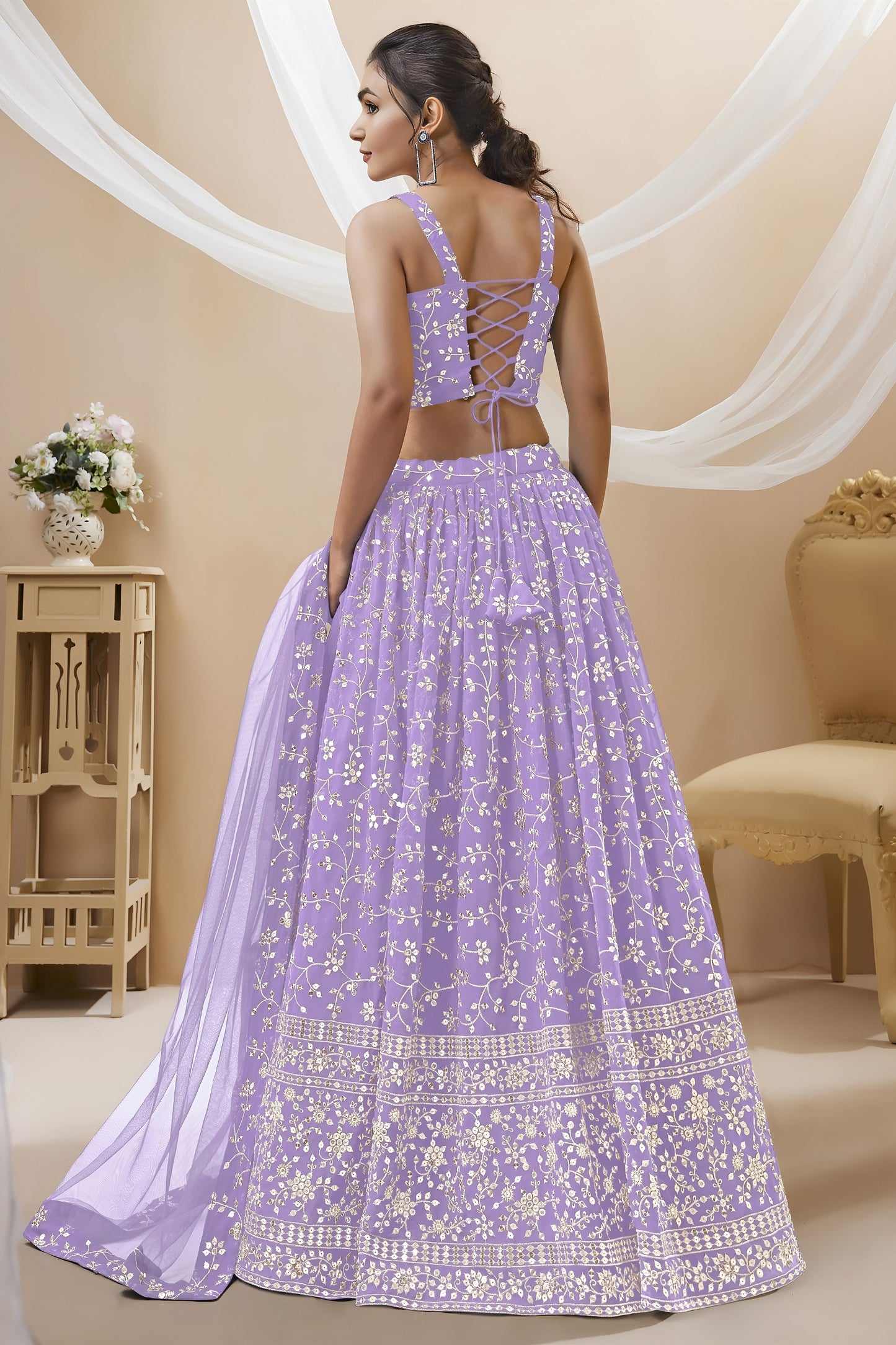 Superb Lavender Georgette Designer Lehenga Choli with Embroidery Work and Matching Dupatta