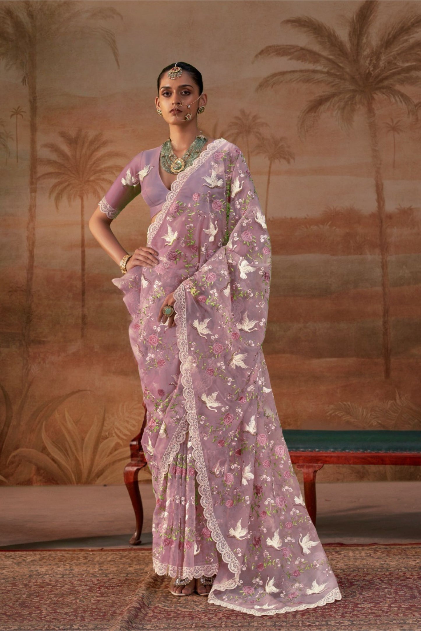 Stylish Lavender Organza Saree Floral Embroidery for Women