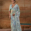 Royal Sky Blue Organza Saree Floral Embroidery for Women