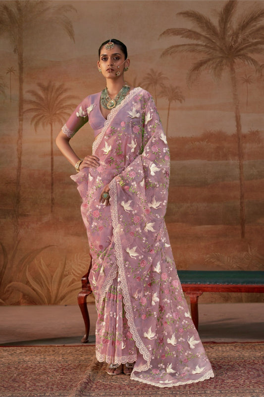 Graceful Lavender Organza Saree Floral Embroidery for Women