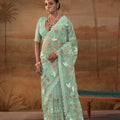 Stunning Mint Green Organza Saree Floral Embroidery for Women