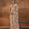 Premium Beige Organza Saree Floral Embroidery for Women