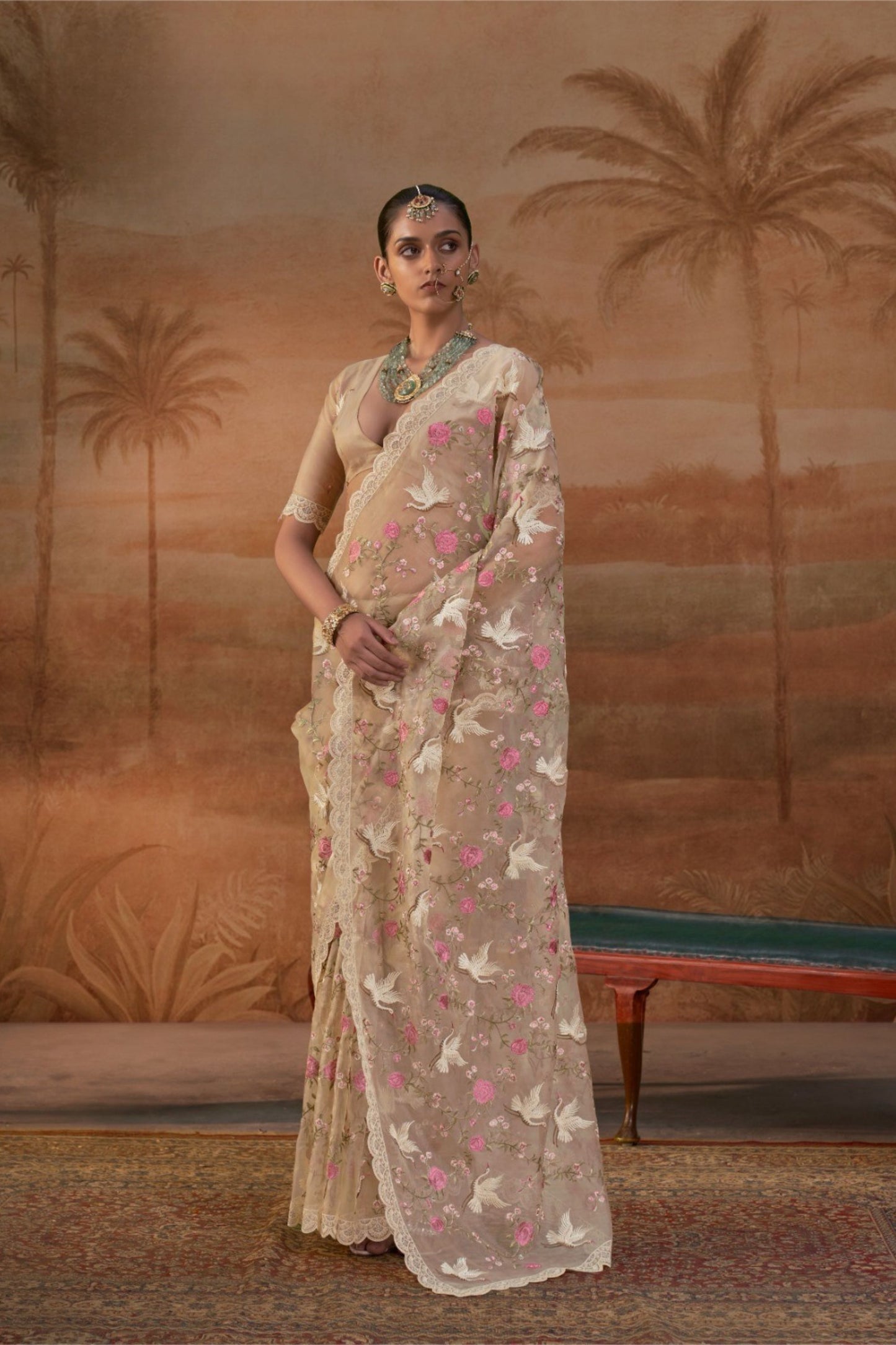 Premium Beige Organza Saree Floral Embroidery for Women