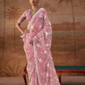 Beautiful Pink Organza Saree Floral Embroidery for Women