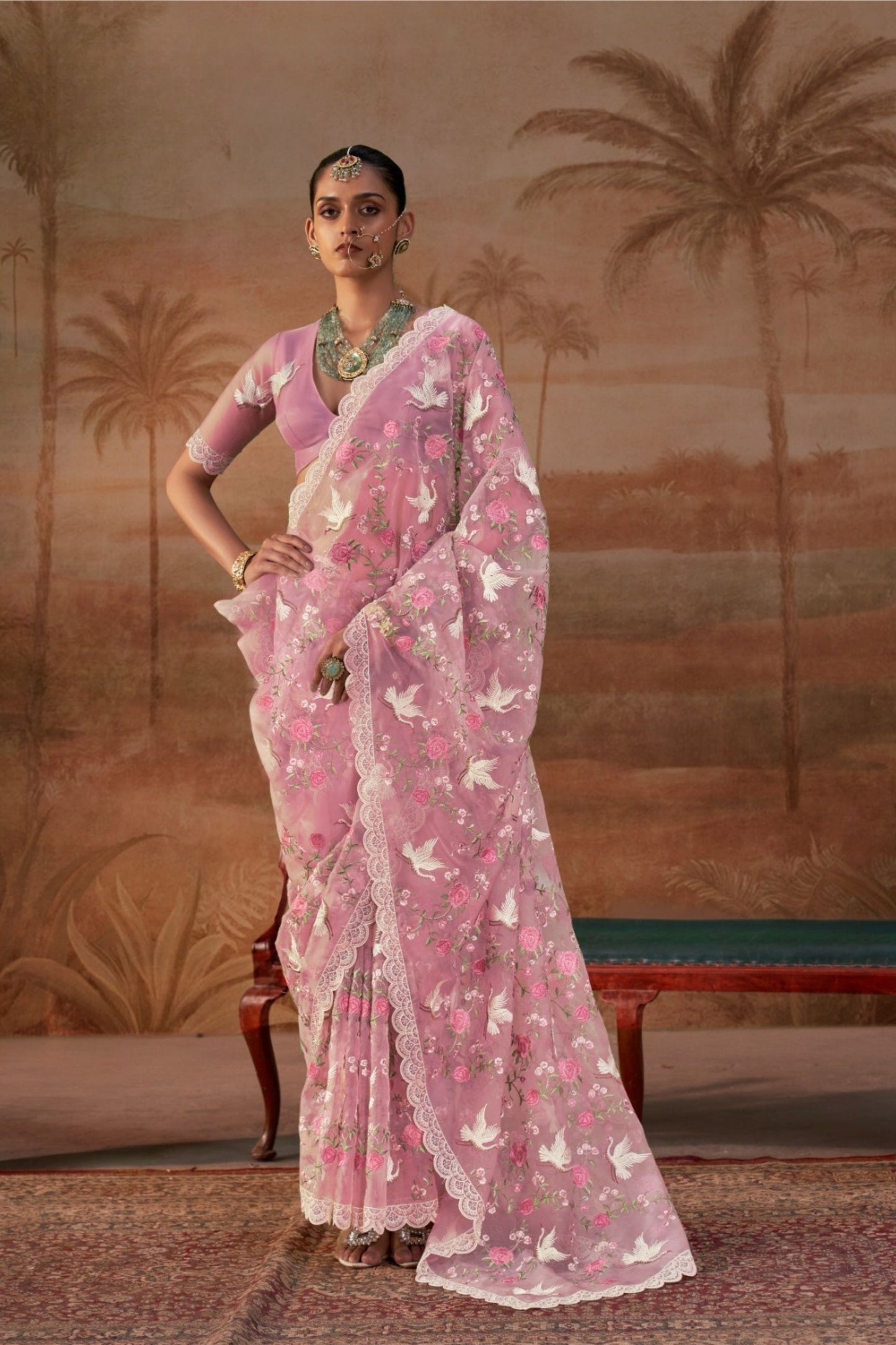Beautiful Pink Organza Saree Floral Embroidery for Women