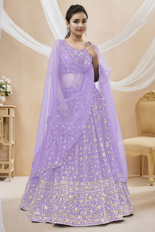 Superb Lavender Georgette Designer Lehenga Choli with Embroidery Work and Matching Dupatta