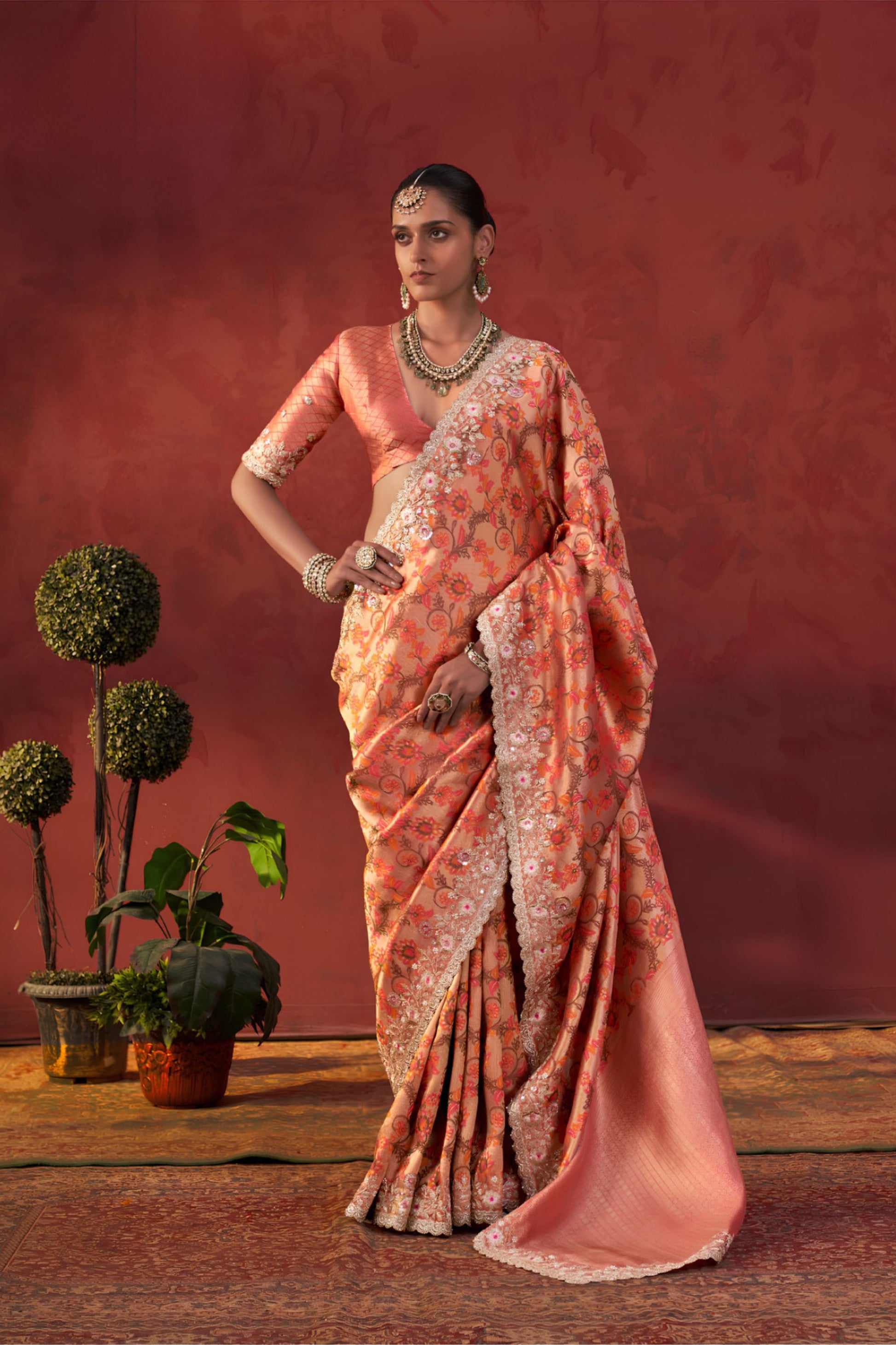 Elegant Peach Viscose Saree Floral Print Embroidery Border for Women