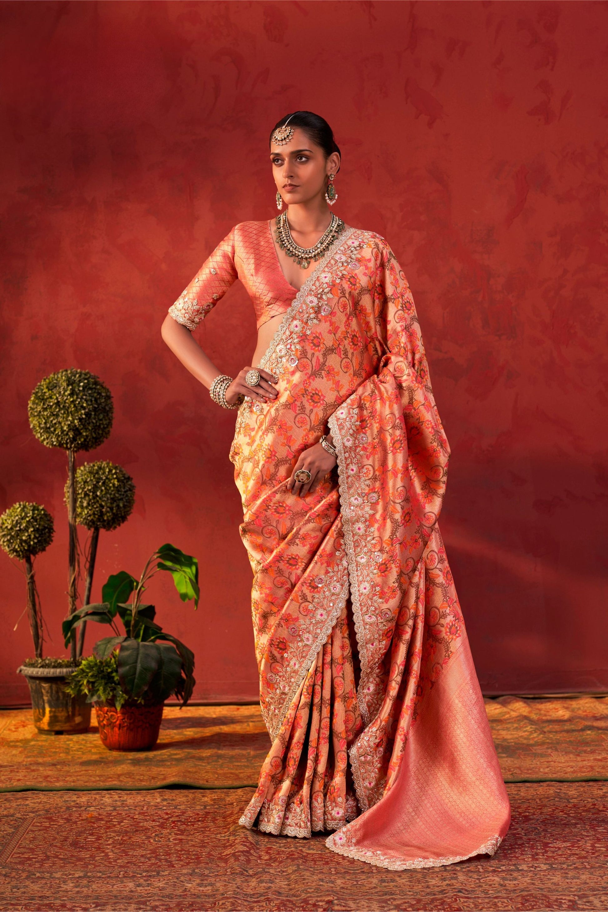 Stunning Peach Viscose Designer Saree Floral Embroidery