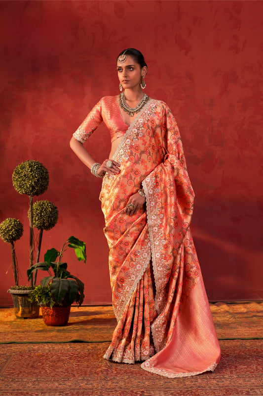 Stunning Peach Viscose Designer Saree Floral Embroidery