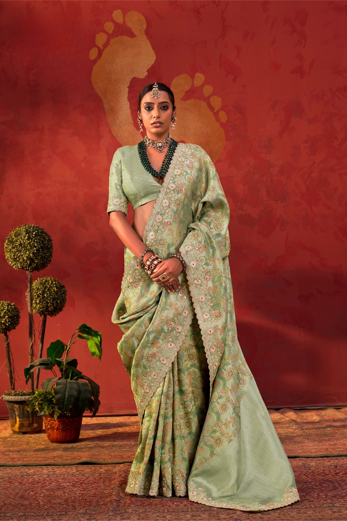 Graceful Pista Green Viscose Saree Floral Embroidery