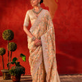 Beautiful Peach Viscose Saree Floral Embroidery