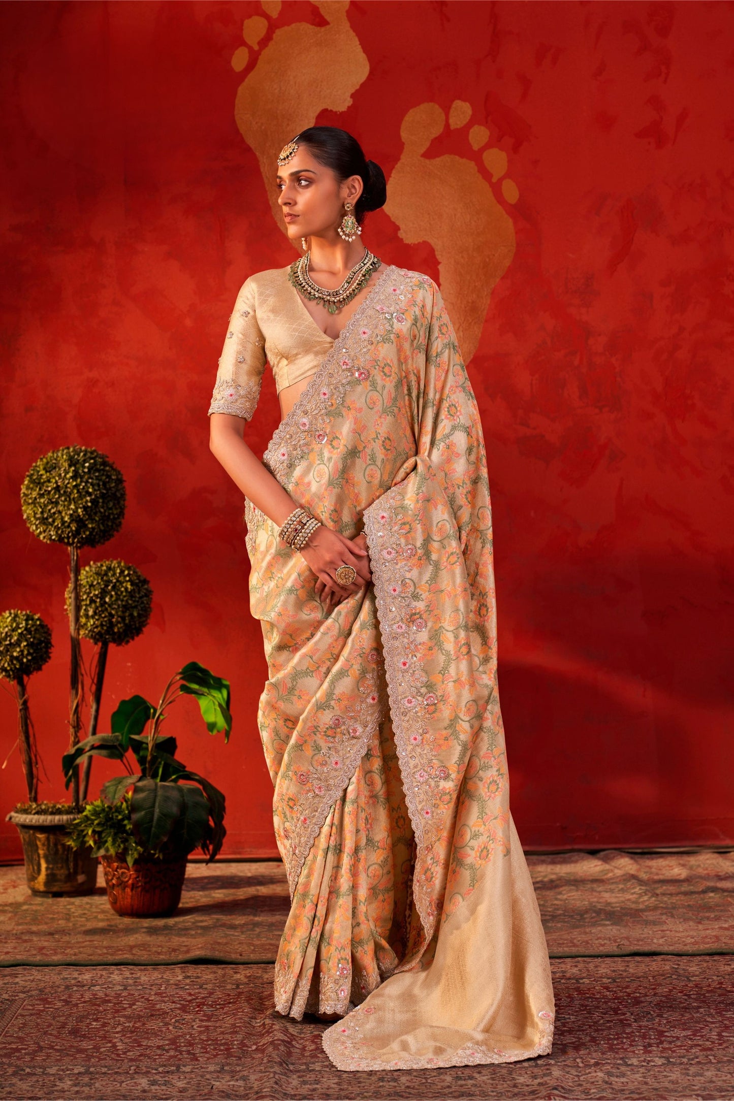 Beautiful Peach Viscose Saree Floral Embroidery