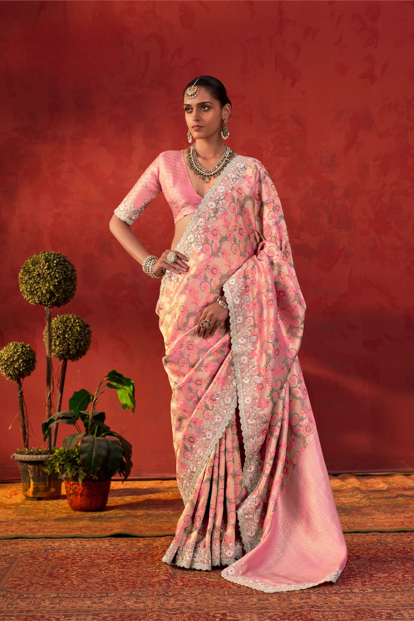 Beautiful Pink Viscose Saree with Floral Embroidery