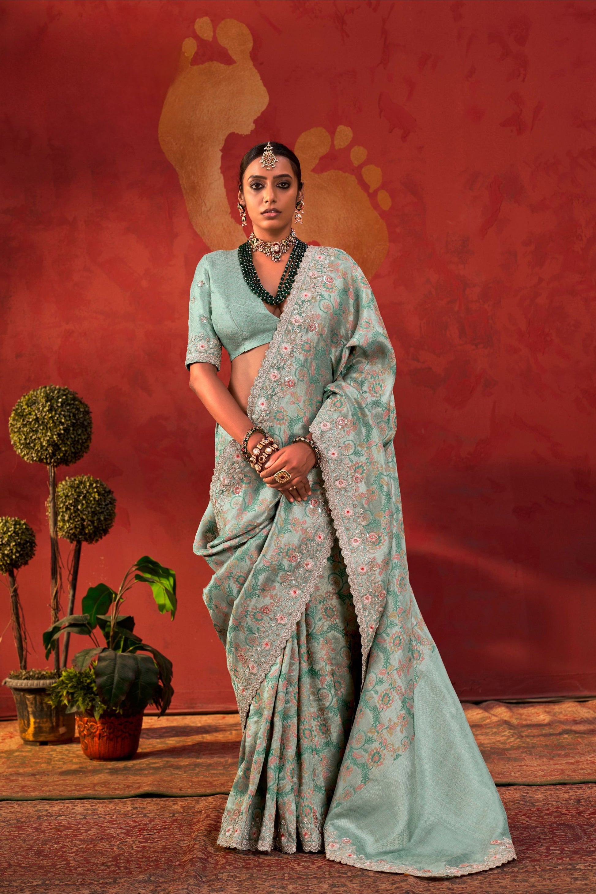 Vibrant Sea Green Viscose Saree with Floral Embroidery