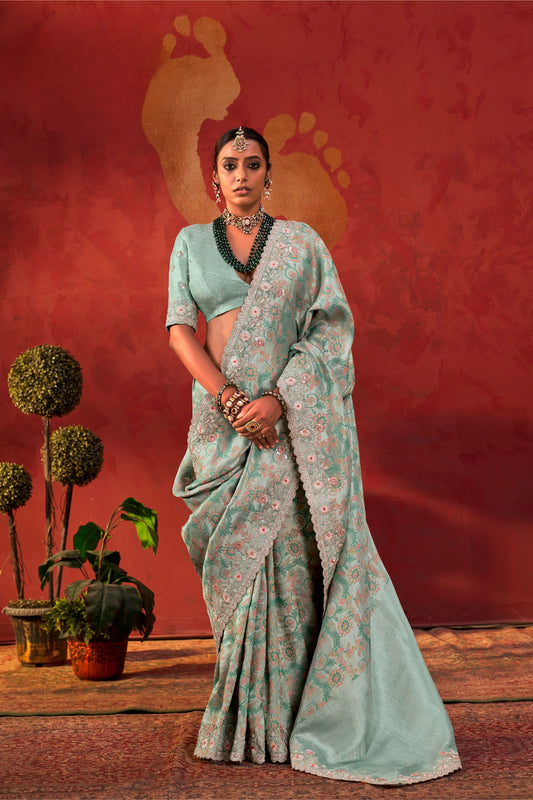 Vibrant Sea Green Viscose Saree with Floral Embroidery
