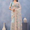Sea Green Floral Embroidered Net Saree with Designer Border
